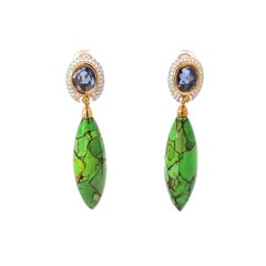 18K Gold Earrings with Diamonds, Turquoise, and Uncut Blue Sapphires