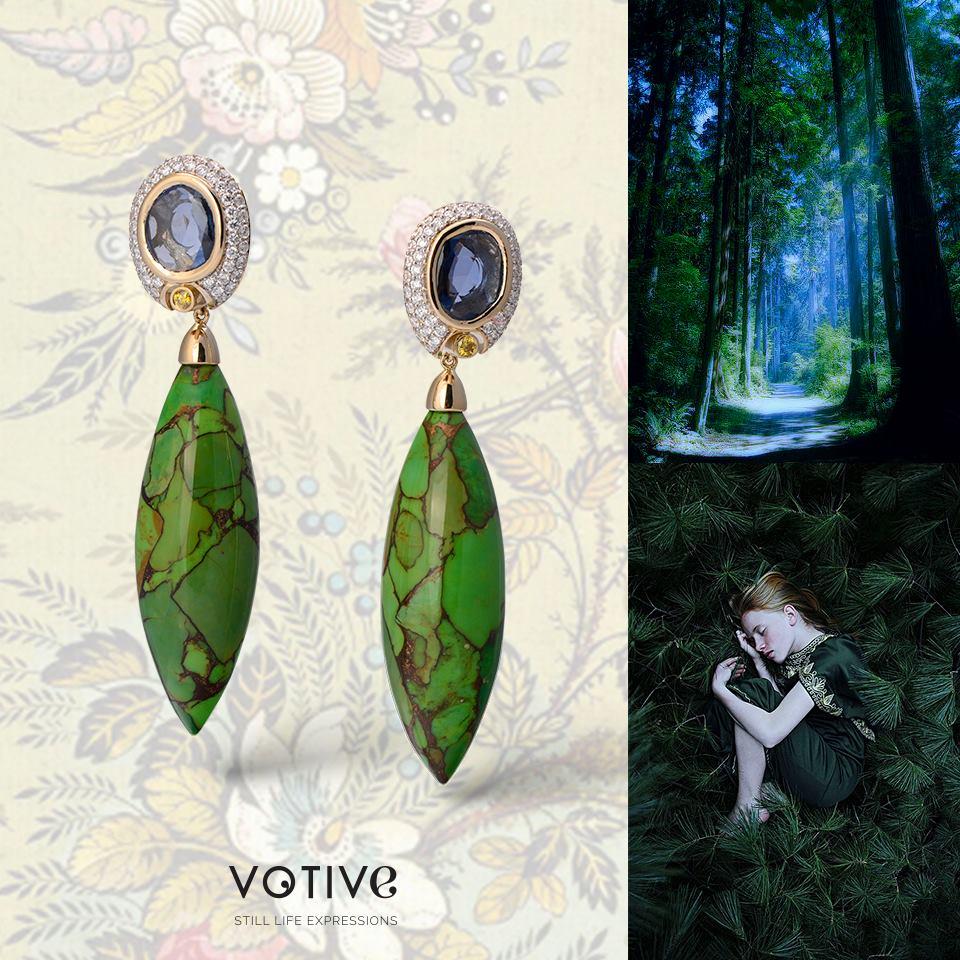 Boucles d'oreilles en or 18 carats avec diamants, turquoises et saphirs bleus non taillés en vente 2