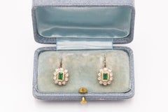 18K Yellow Gold Vintage Emerald and Diamond Stud Earrings, 0.80 ct
