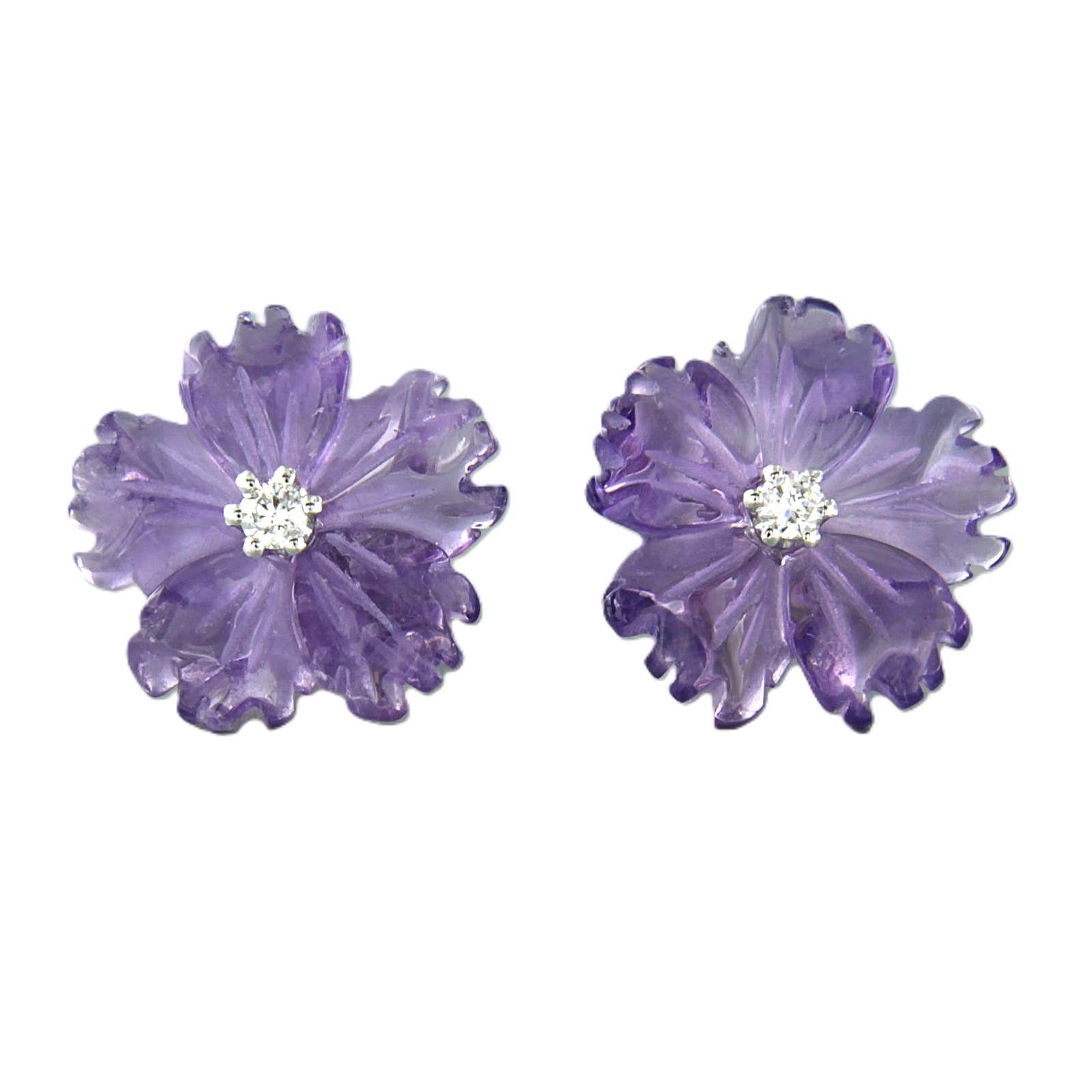Modern 18k gold earrings with flower shape cut amethyst and brilliant cut diamond