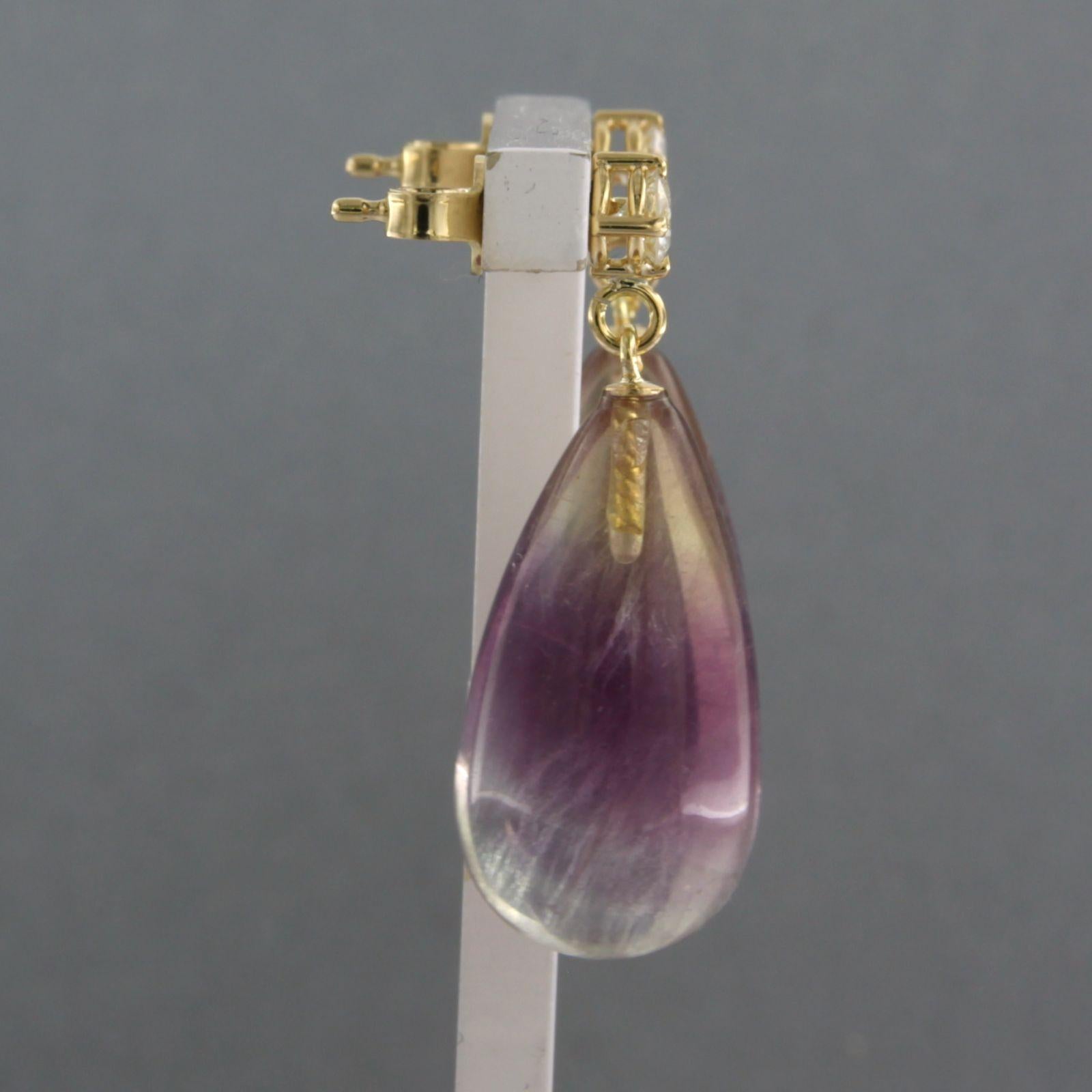18k yellow gold earrings with fluorite and brilliant cut diamond up to 0.38ct – H/I - VS/SI

Detailed description:

the dimensions of the earrings are 3.1 cm long by 1.2 cm wide

Total weight 11.8 grams

set with

- 2 x 2.2 cm x 1.2 cm drop-shaped