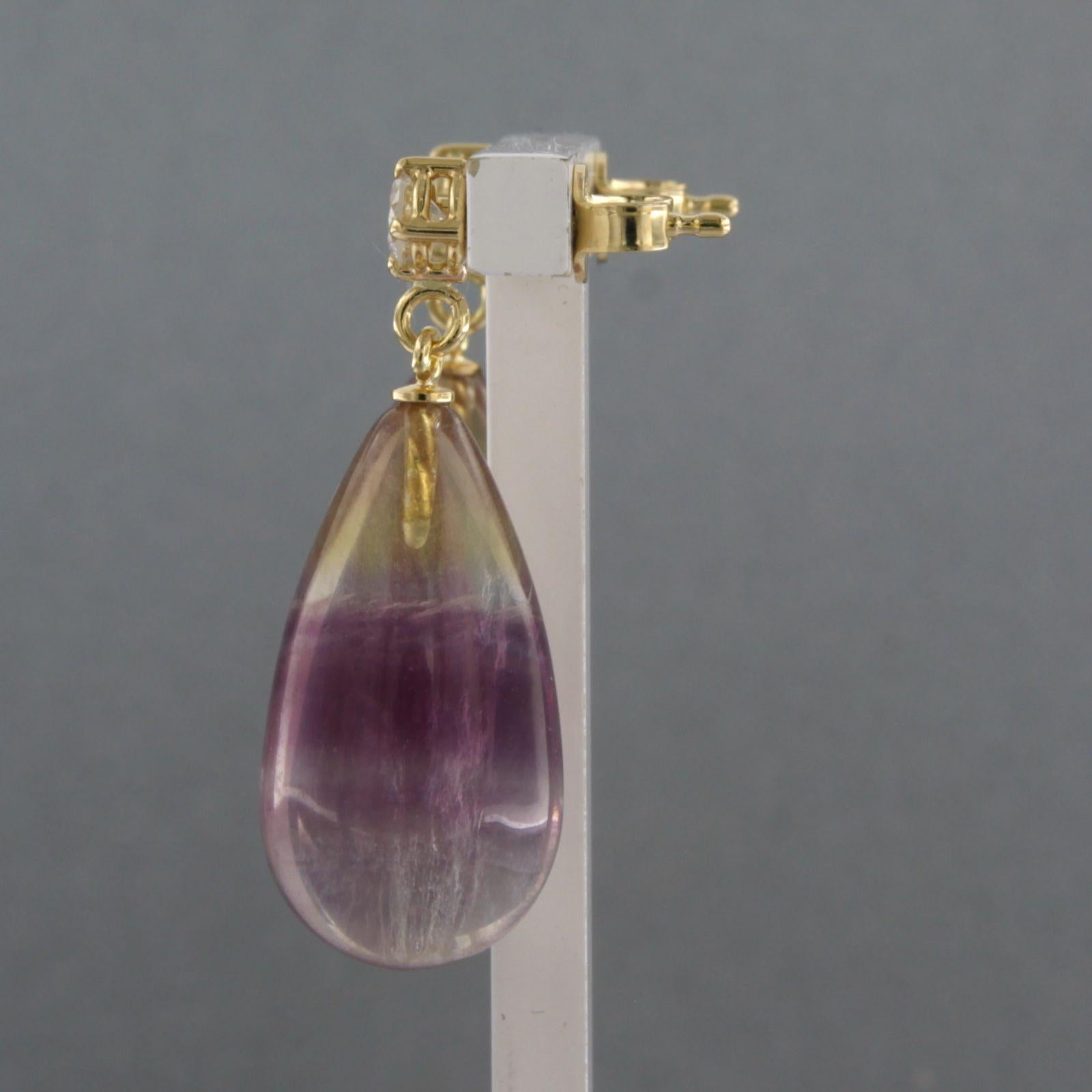 Modern 18k gold earrings with fluorite and brilliant cut diamond up to 0.38ct 11.8 gram For Sale