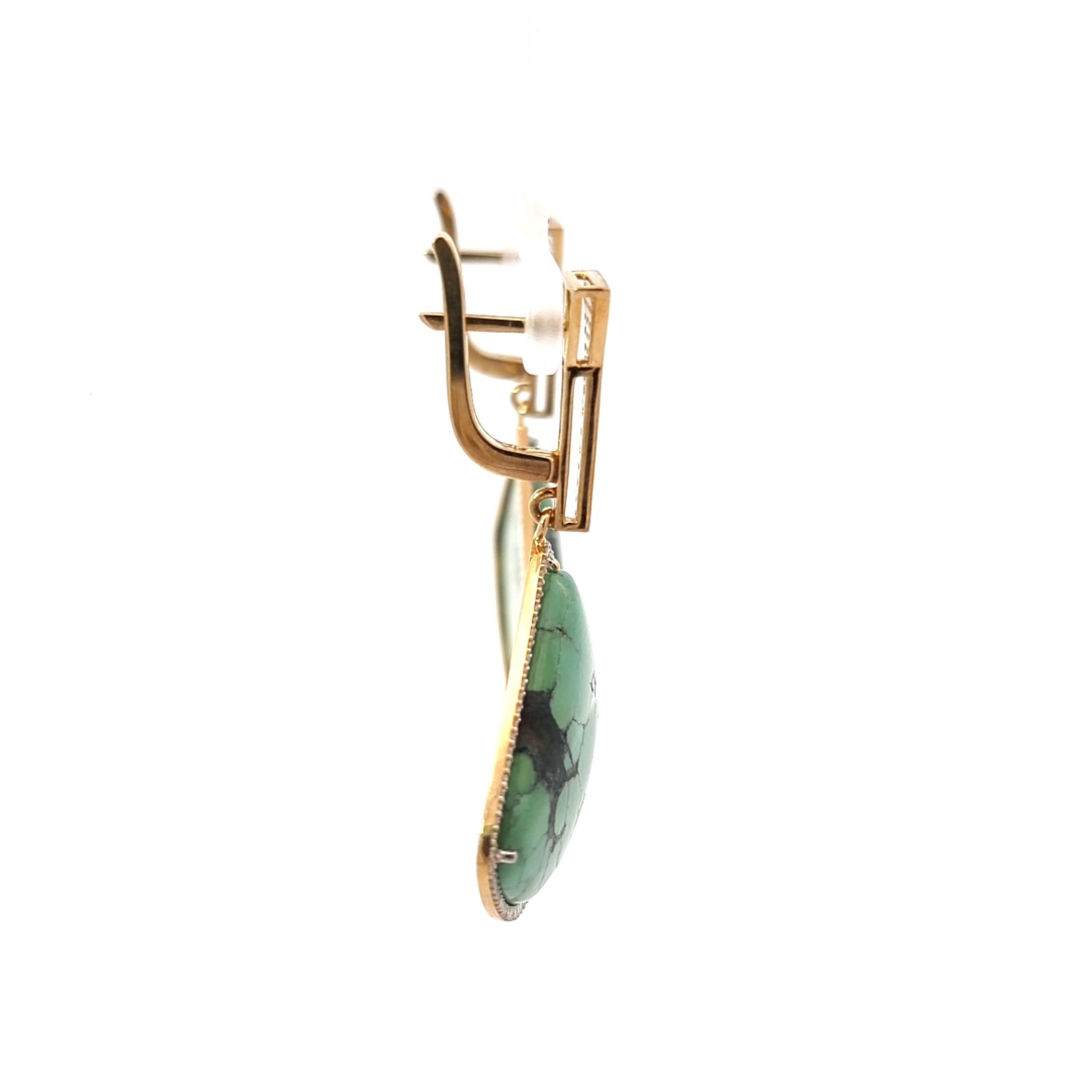 Women's 18K Gold Earrings with Green Turquoise and Diamonds For Sale