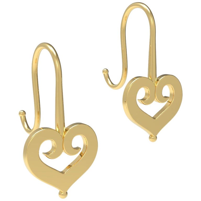 22K Gold Earrings with Heart Motif by Romae Jewelry Inspired by Ancient Examples For Sale