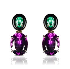 18K Gold Earrings with Natural Vivid Emerald, Amethyst and Black Agate Drop