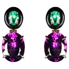 18K Gold Earrings with Natural Vivid Emerald, Amethyst and Black Agate Drop