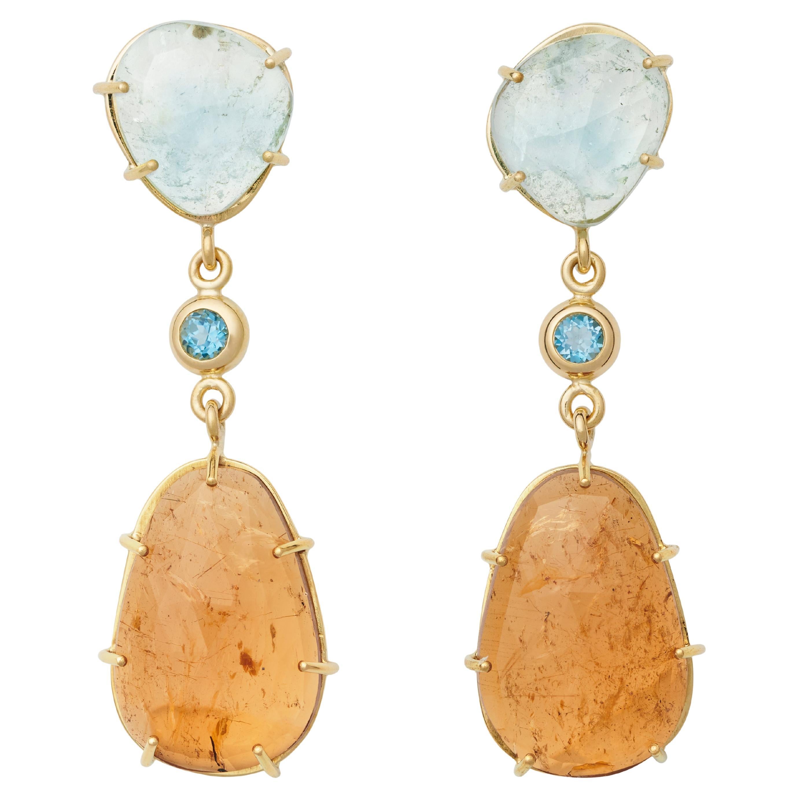 18k Gold Earrings with Orange and Blue Random Cut Tourmalines For Sale