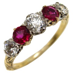 18K Gold Edwardian Five-Stone Diamond and Burmese Ruby Ring 