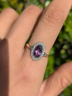 18k Gold Edwardian Purple Amethyst Diamond Halo Oval Cluster Ring Size Q / 8