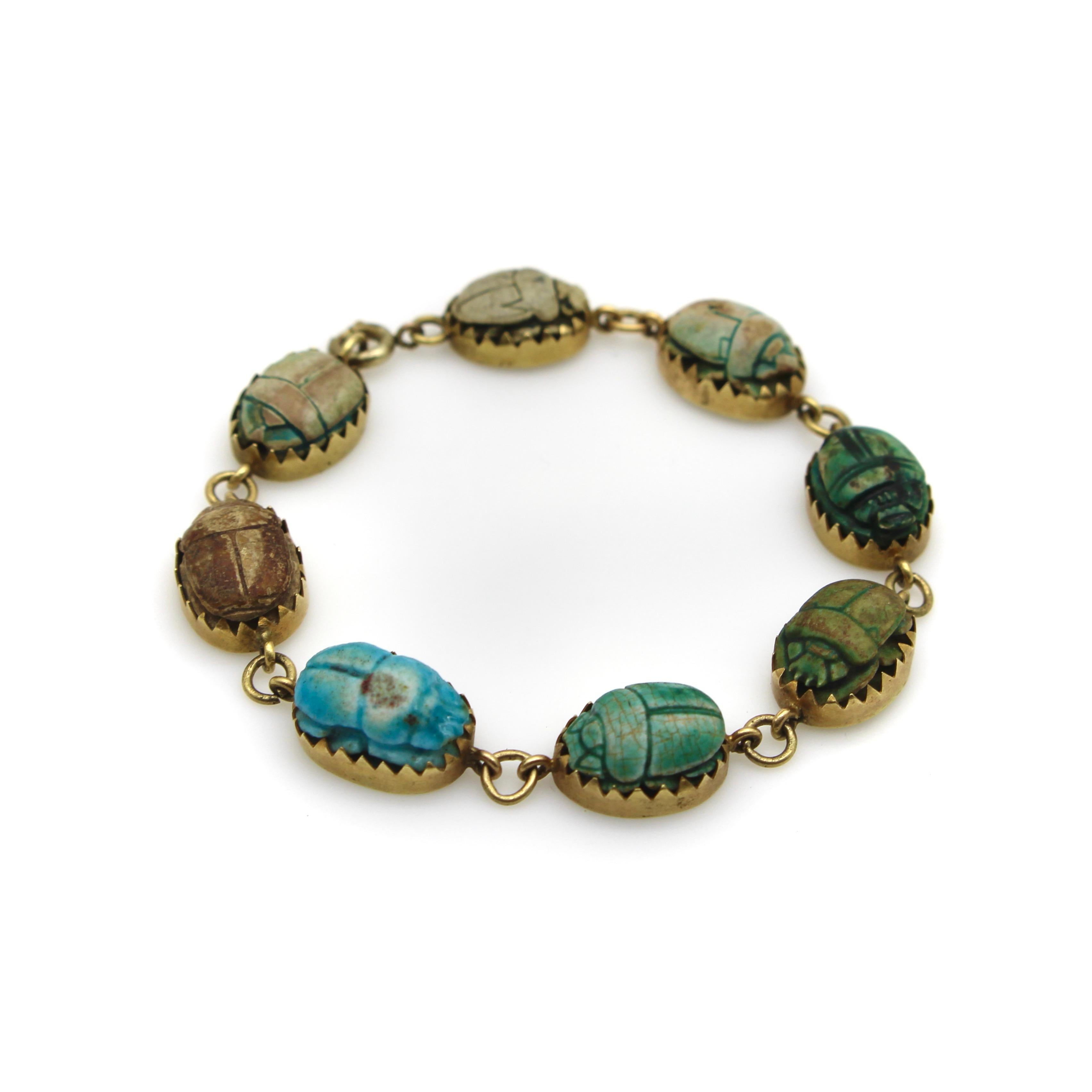 18K Gold Egyptian Revival Faience Scarab Bracelet  In Good Condition For Sale In Venice, CA