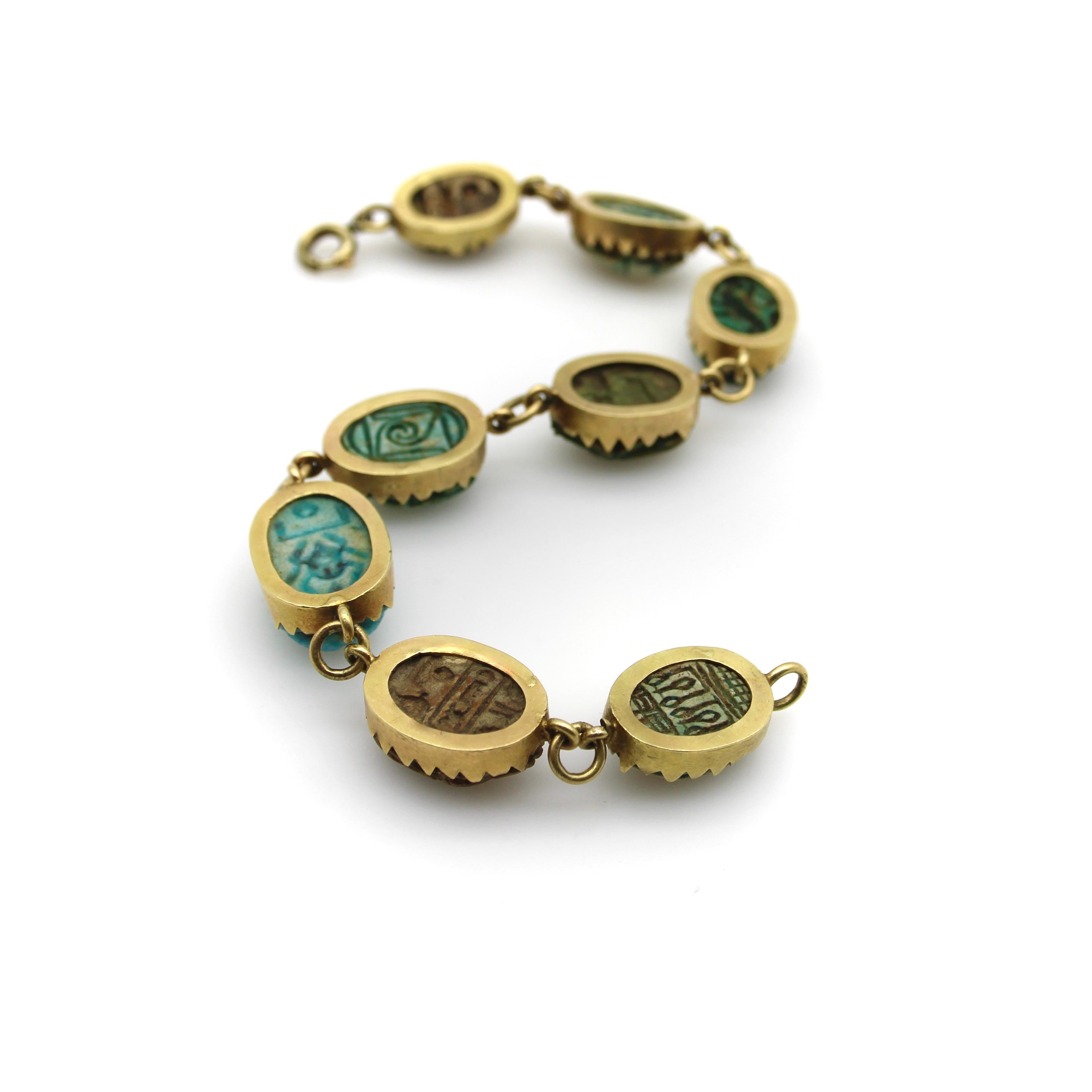 18K Gold Egyptian Revival Faience Scarab Bracelet  For Sale 3