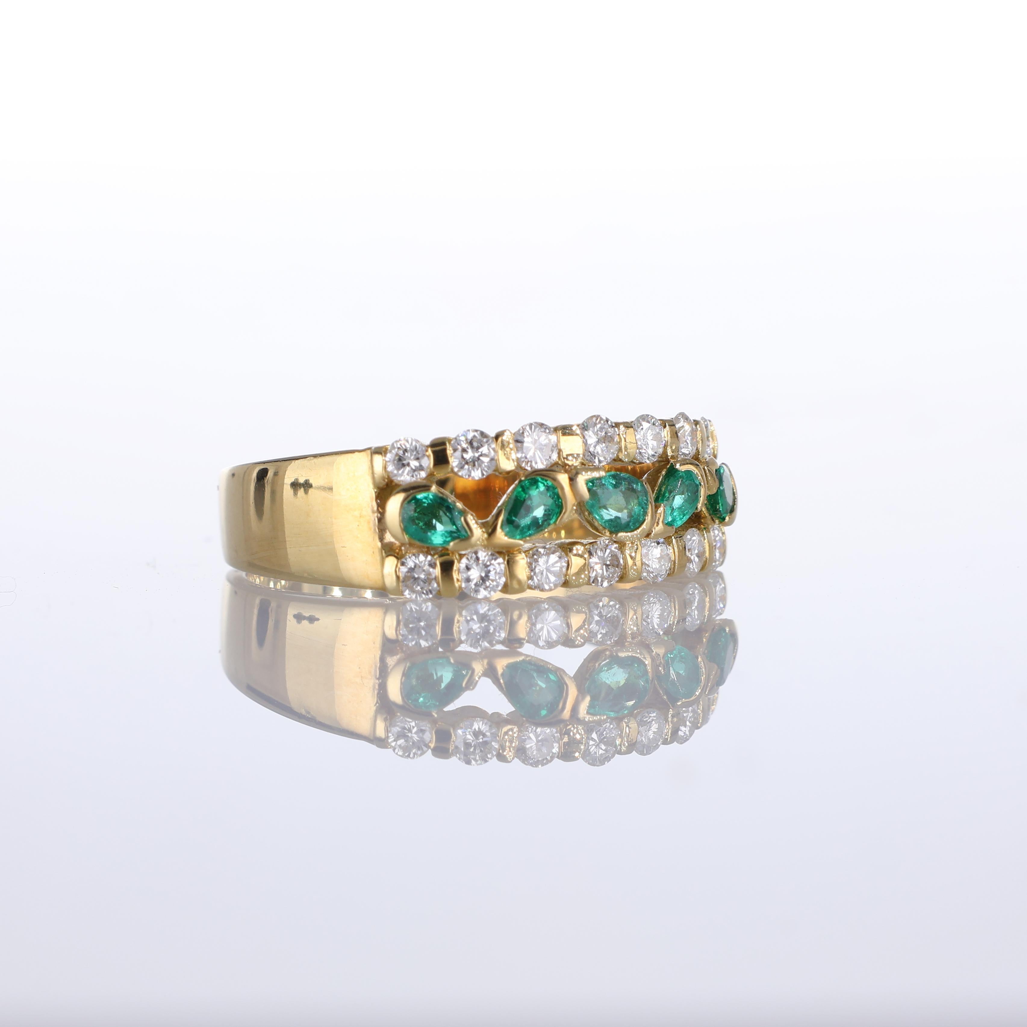 Brilliant Cut 18k Gold Emerald and Diamond Band Ring For Sale