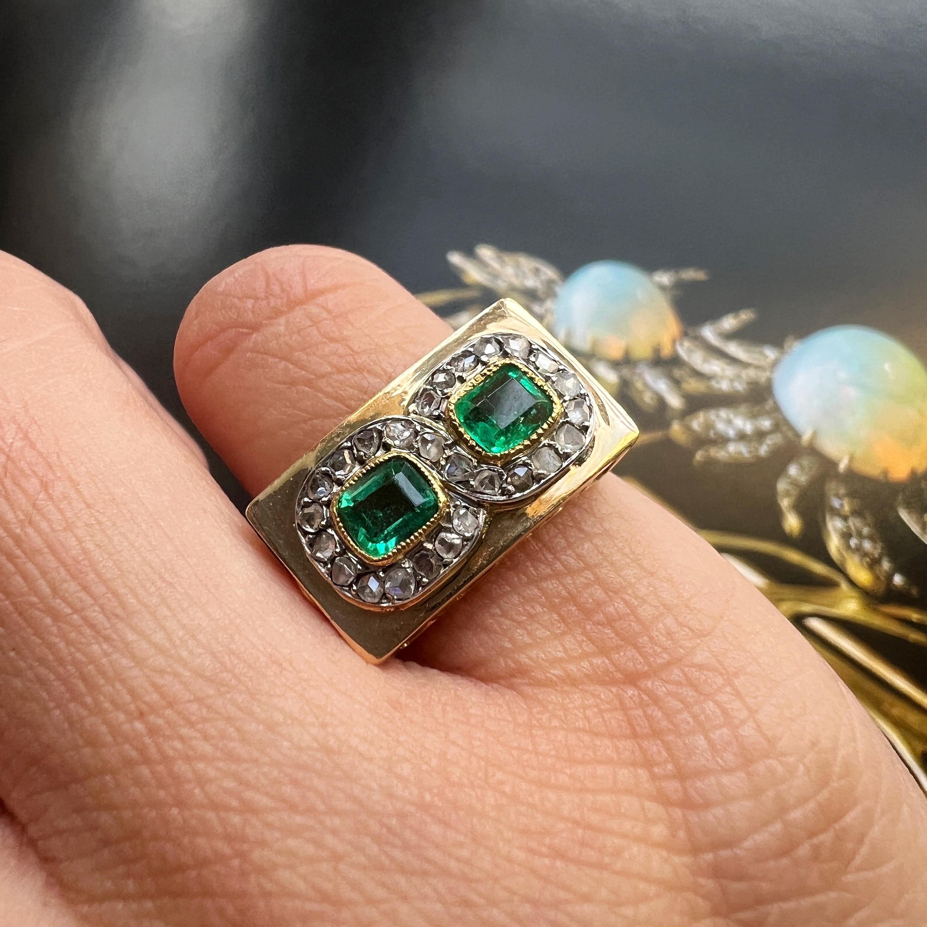 Emerald Cut 18K gold emerald and diamond French cocktail tank ring For Sale