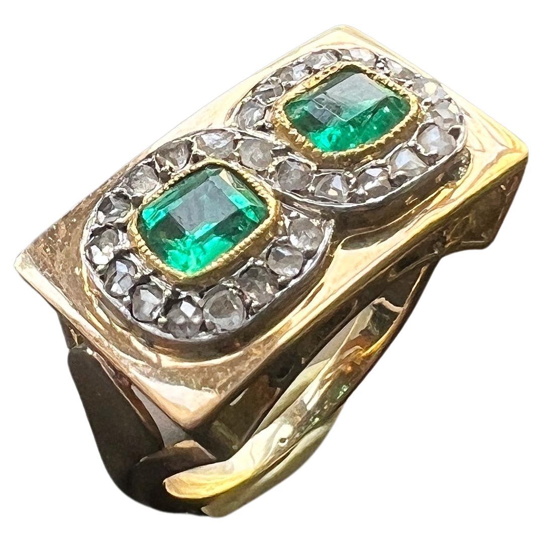 18K gold emerald and diamond French cocktail tank ring For Sale