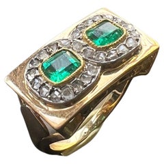 Retro 18K gold emerald and diamond French cocktail tank ring