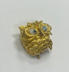 18K Gold, Emerald and Diamond Owl Clip- Brooch