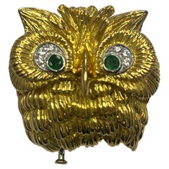 18K Gold, Emerald and Diamond Owl Clip- Brooch
