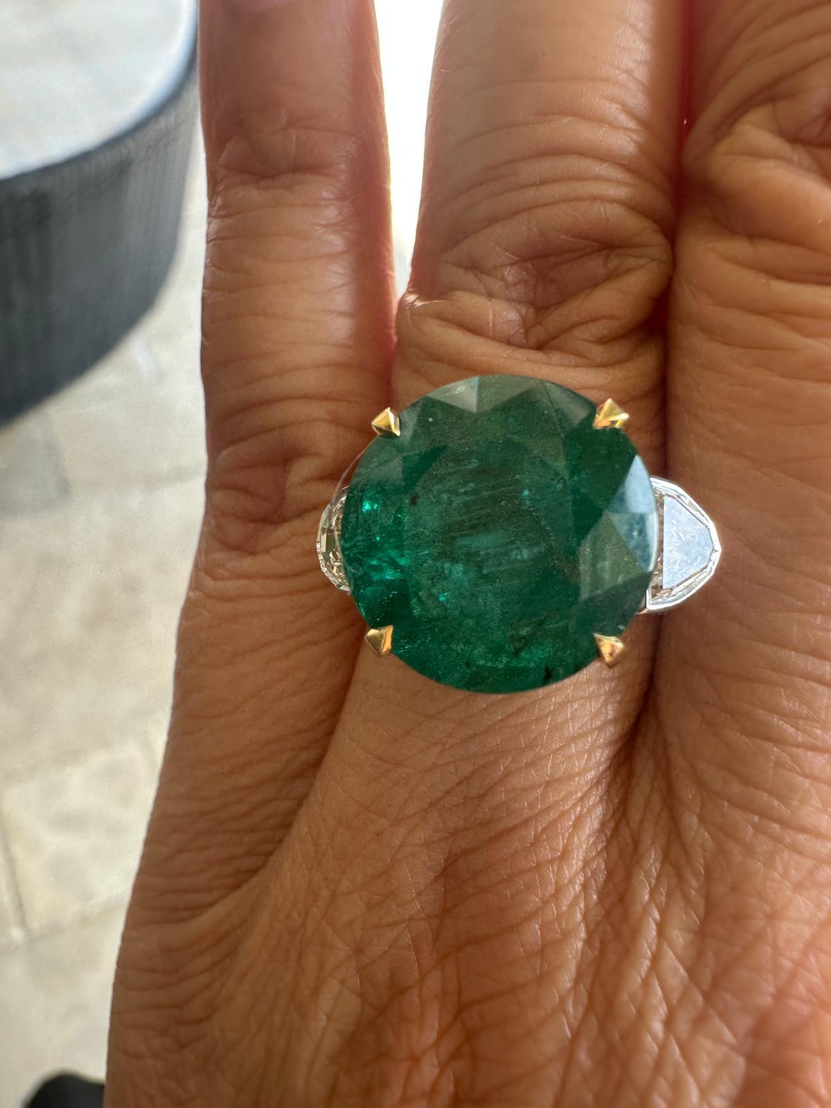 18k Gold Smaragd und Diamant Ring, 11,70 Karat Smaragd .82 Karat Diamant Ring

Dieser Fancy Luminous Emerald Ring mit 2 Diamanten an den Seiten, die den zentralen Smaragd betonen, ist ein übergroßer Luxus-Cocktailring mit einer wunderschönen Farbe.