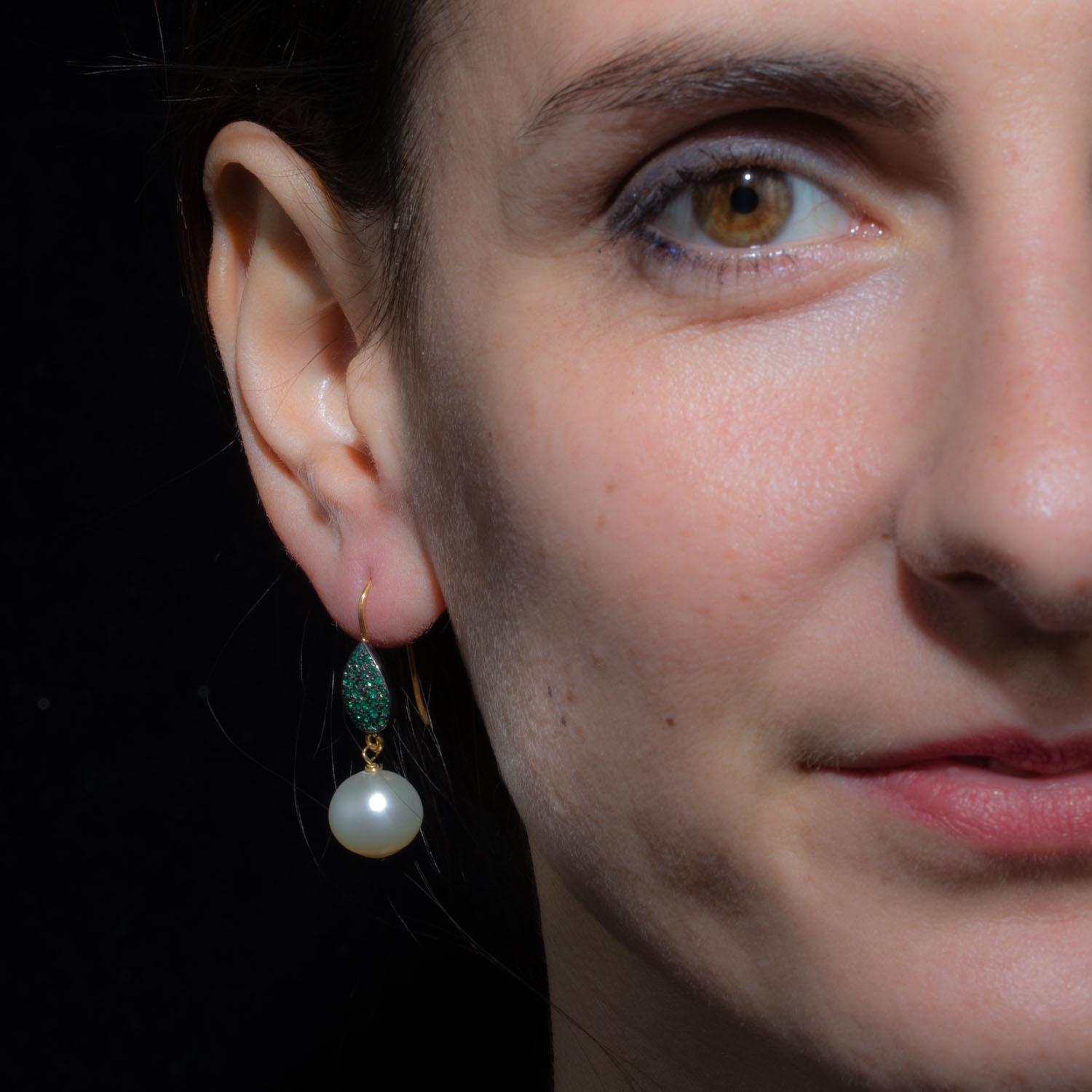 Round Cut 18k Gold, Emerald and Pearl Drop Earrings by Deborah Lockhart Phillips