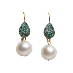 18k Gold, Emerald and Pearl Drop Earrings by Deborah Lockhart Phillips
