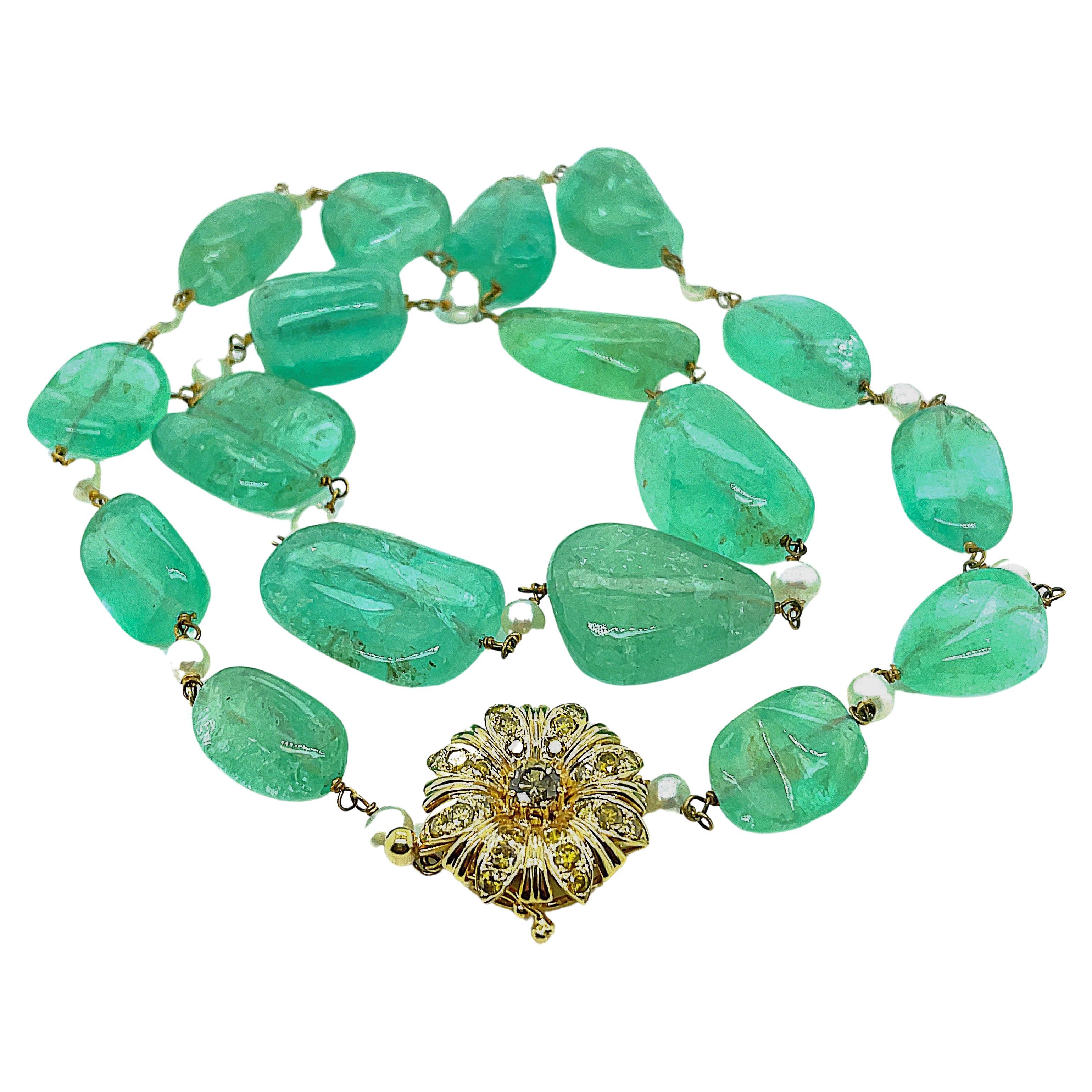 18k Gold Emerald Beads Cts 284.31 and Pearl Cts 9.06 and Yellow Diamond Necklace For Sale