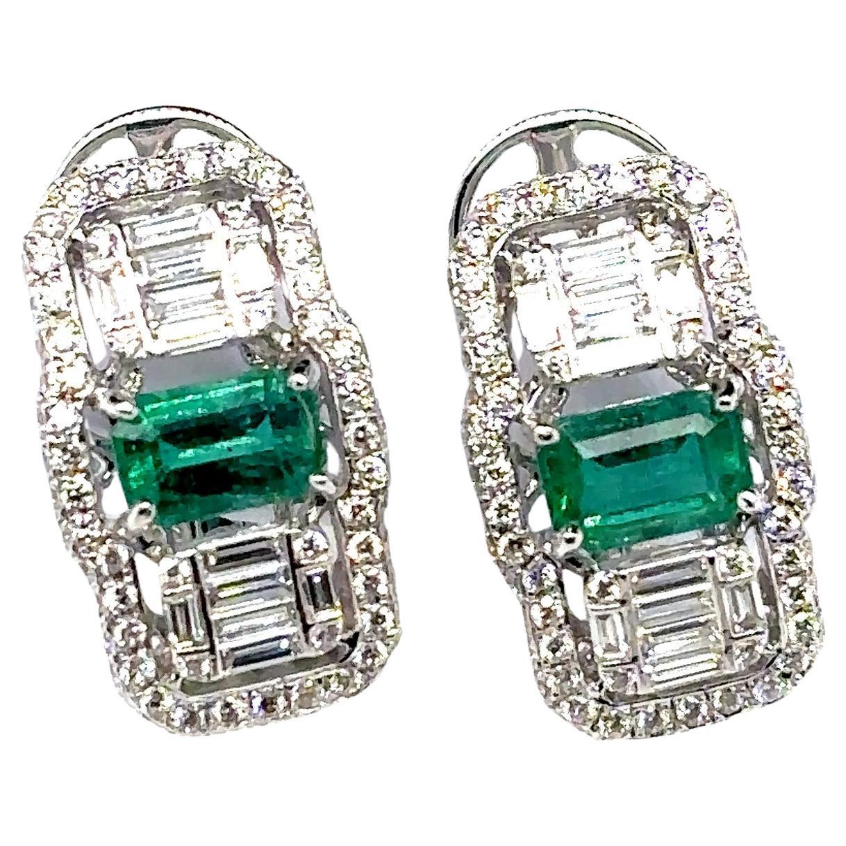 18k Gold Emerald Cts 0.96 Diamond Earrings For Sale