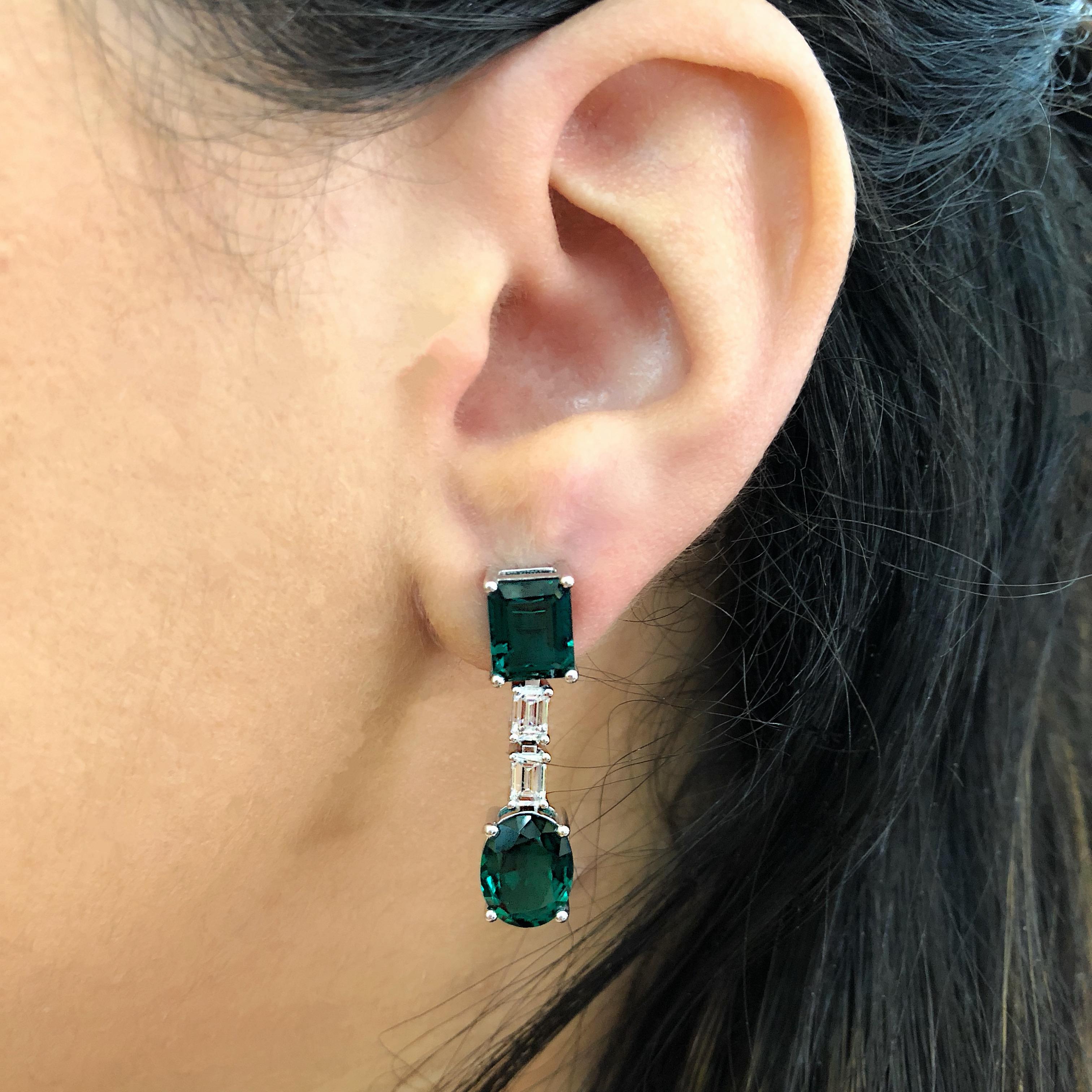 Contemporary 18K Gold Emerald Cut Diamond Synthetic Deep Vivid Green Emerald Drop Earrings  For Sale