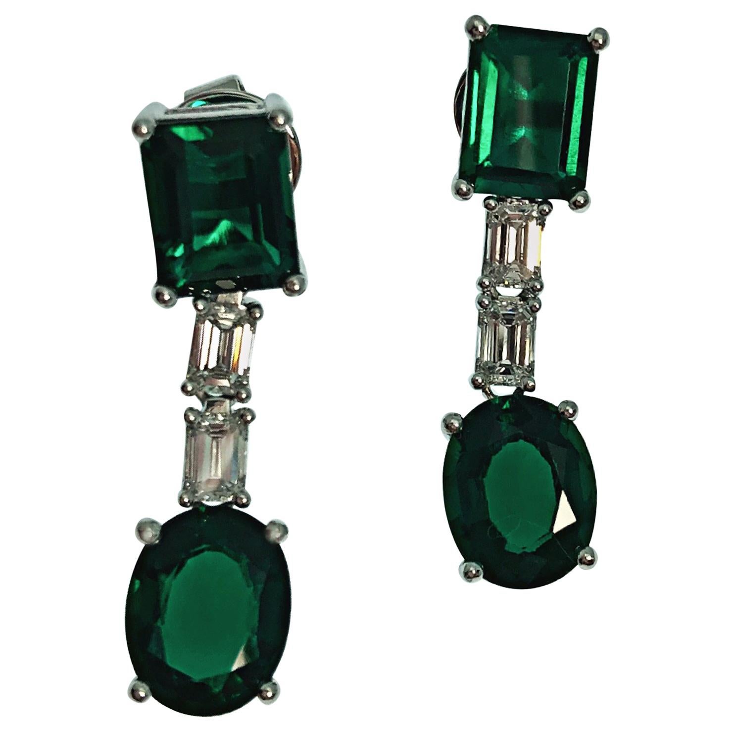 18K Gold Emerald Cut Diamond Synthetic Deep Vivid Green Emerald Drop Earrings  For Sale