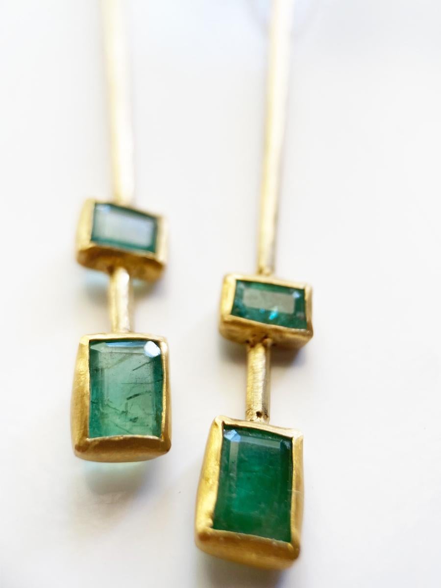 Artist Margery Hirschey 18 Karat Gold Emerald Deco Stick Earrings For Sale