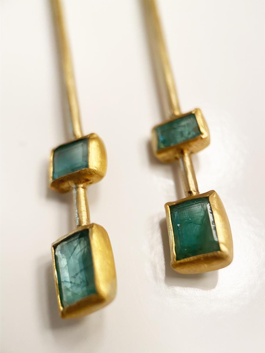 Emerald Cut Margery Hirschey 18 Karat Gold Emerald Deco Stick Earrings For Sale