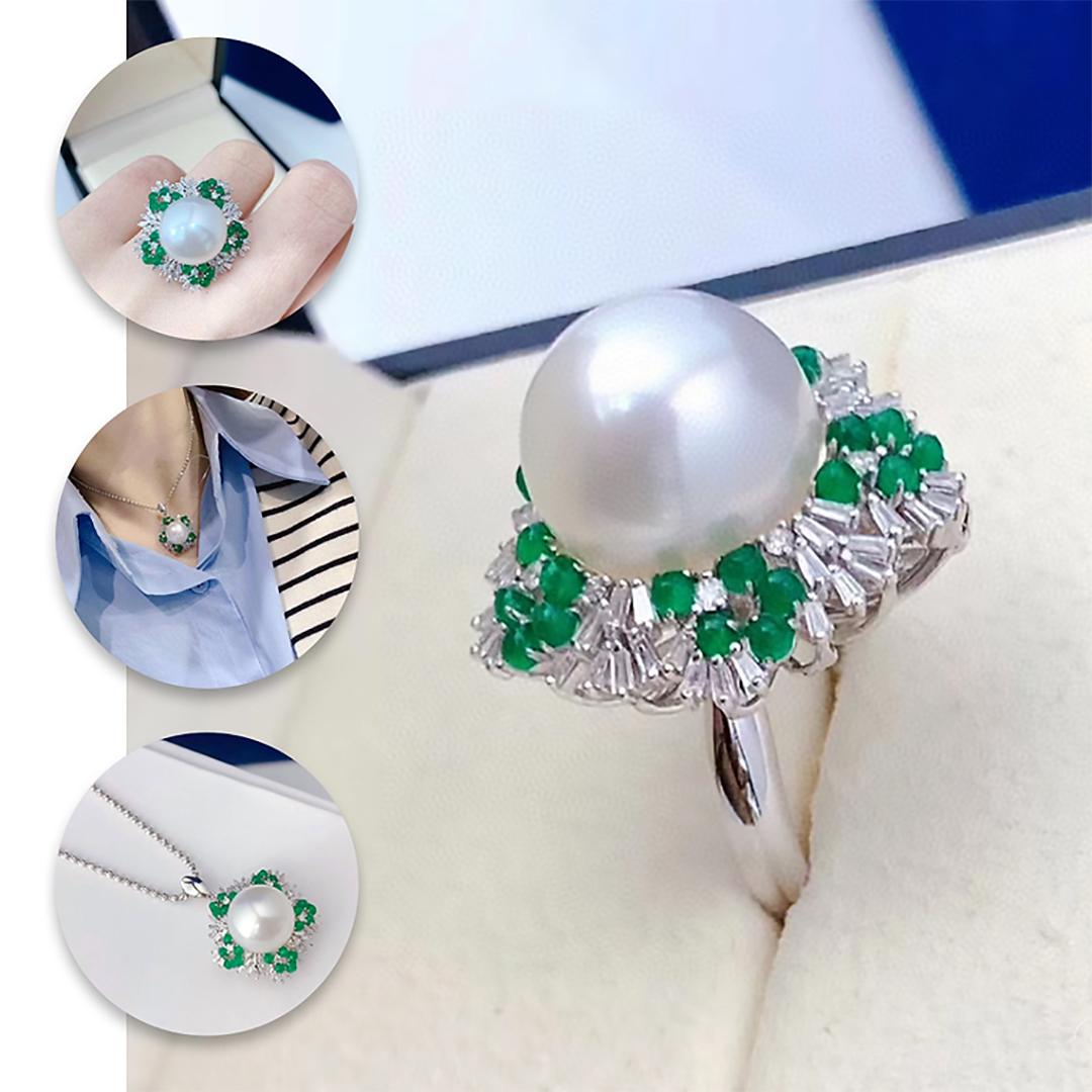 【Vine Symphony】Convertible Verdant Crown Aurora Südsee Perlen Ring Anhänger (Ungeschliffen) im Angebot