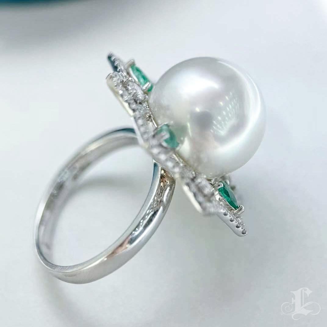 Women's 【Crown Radiance】Celestial Bloom Aurora South Sea Pearl Emerald Diamond Ring For Sale