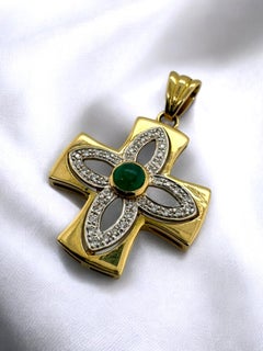18K Gold Emerald & Diamond Cross Pendant