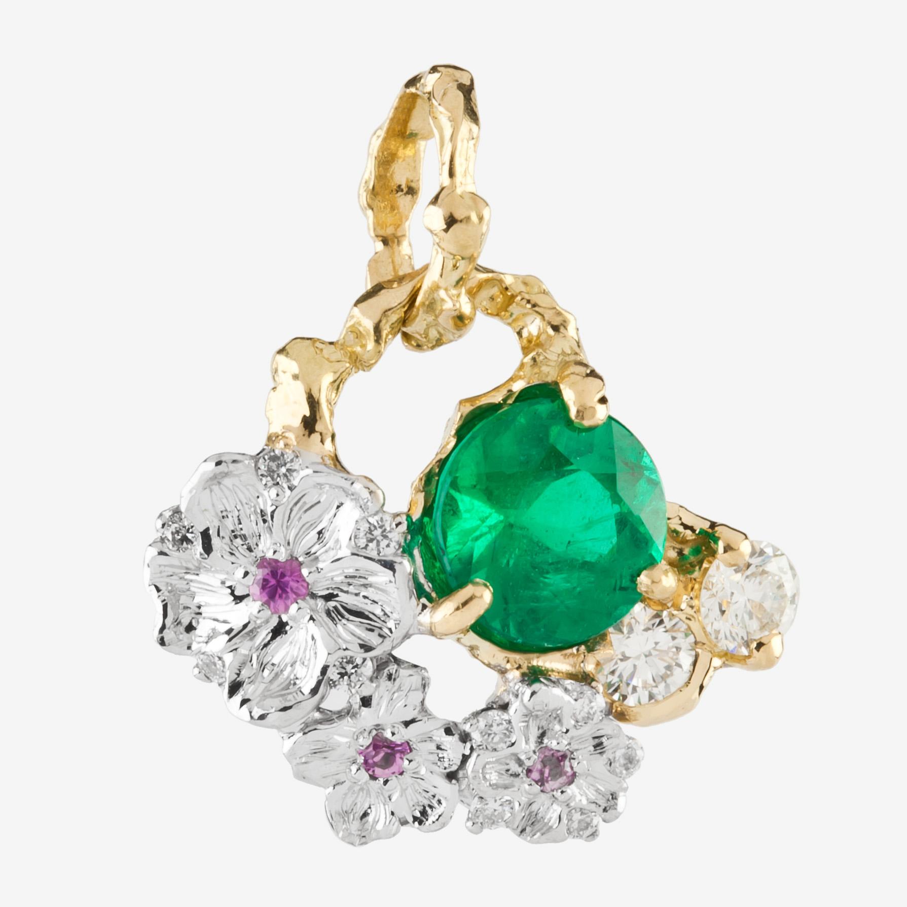 This feminine handmade pendant is made of 18K gold, 0.64ct vivid round emerald, high-quality diamonds, and pink sapphires. The twig-like gold filigree conveys a picturesque image, so natural. The volume is just right, not overwhelming. It is