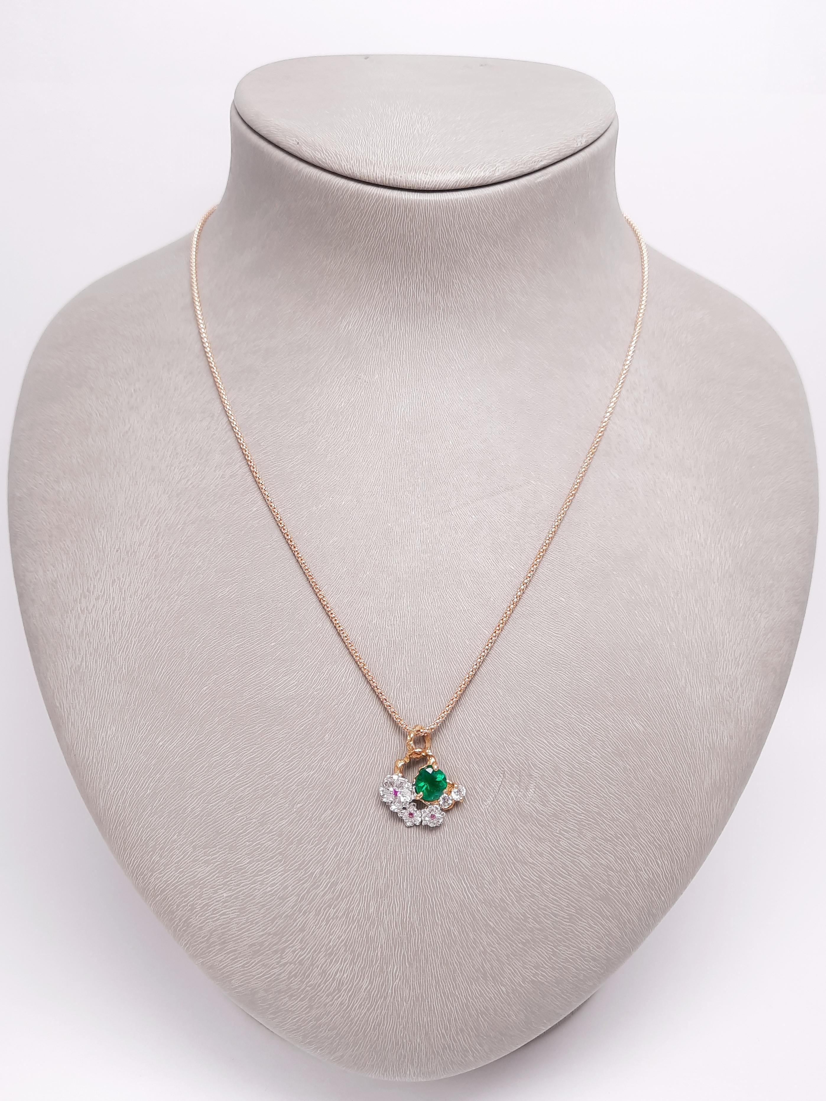 Women's 18K Gold Emerald Diamond Handmade Floral Pendant For Sale