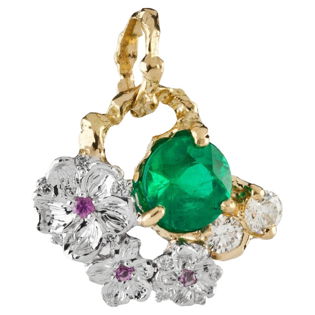 18K Gold Emerald Diamond Handmade Floral Pendant