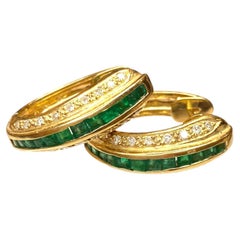18K Gold Emerald & Diamond Hoop Earrings
