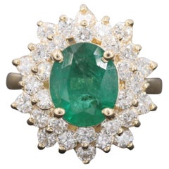 18K Gold Emerald Engagement Ring, Antique Diamond Wedding Ring, Yellow Gold Ring