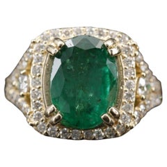 3 Carat Oval Cut Natural Emerald Diamond Yellow Gold Engagement Ring