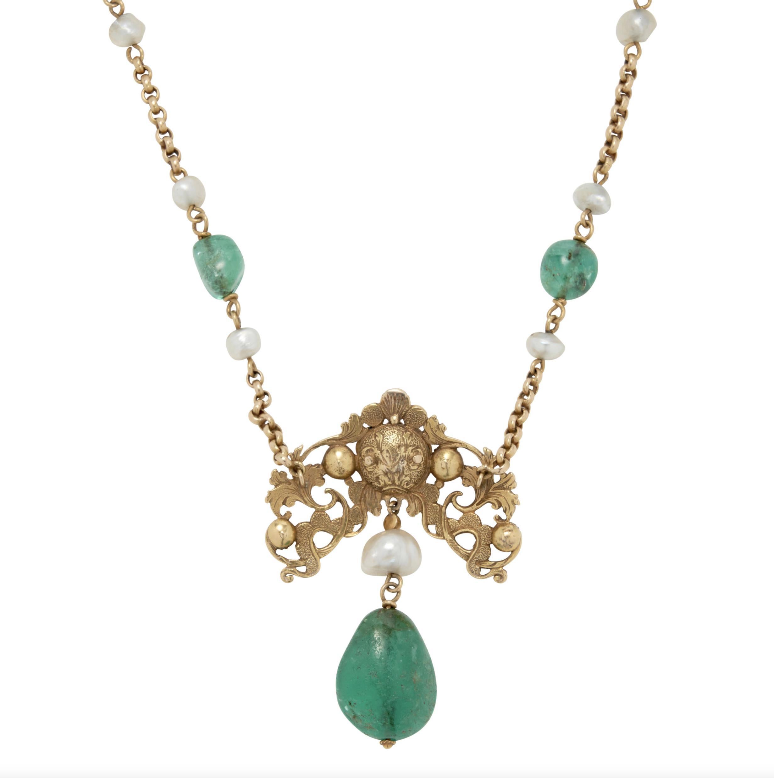18k Gold, Emerald, Pearl, and Diamond Necklace

Of antique elements, centering a pendant set with foil-back rose-cut diamonds, suspending a baroque pearl and emerald bead drop, joined to a conforming chain with emerald beads and pearls. 
Necklace