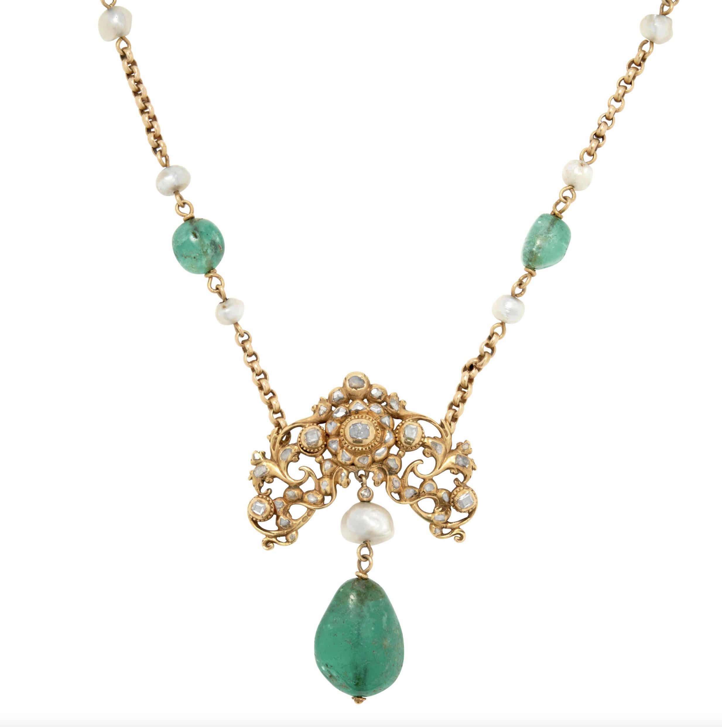 Bead 18k Gold, Emerald, Pearl, and Diamond Necklace For Sale