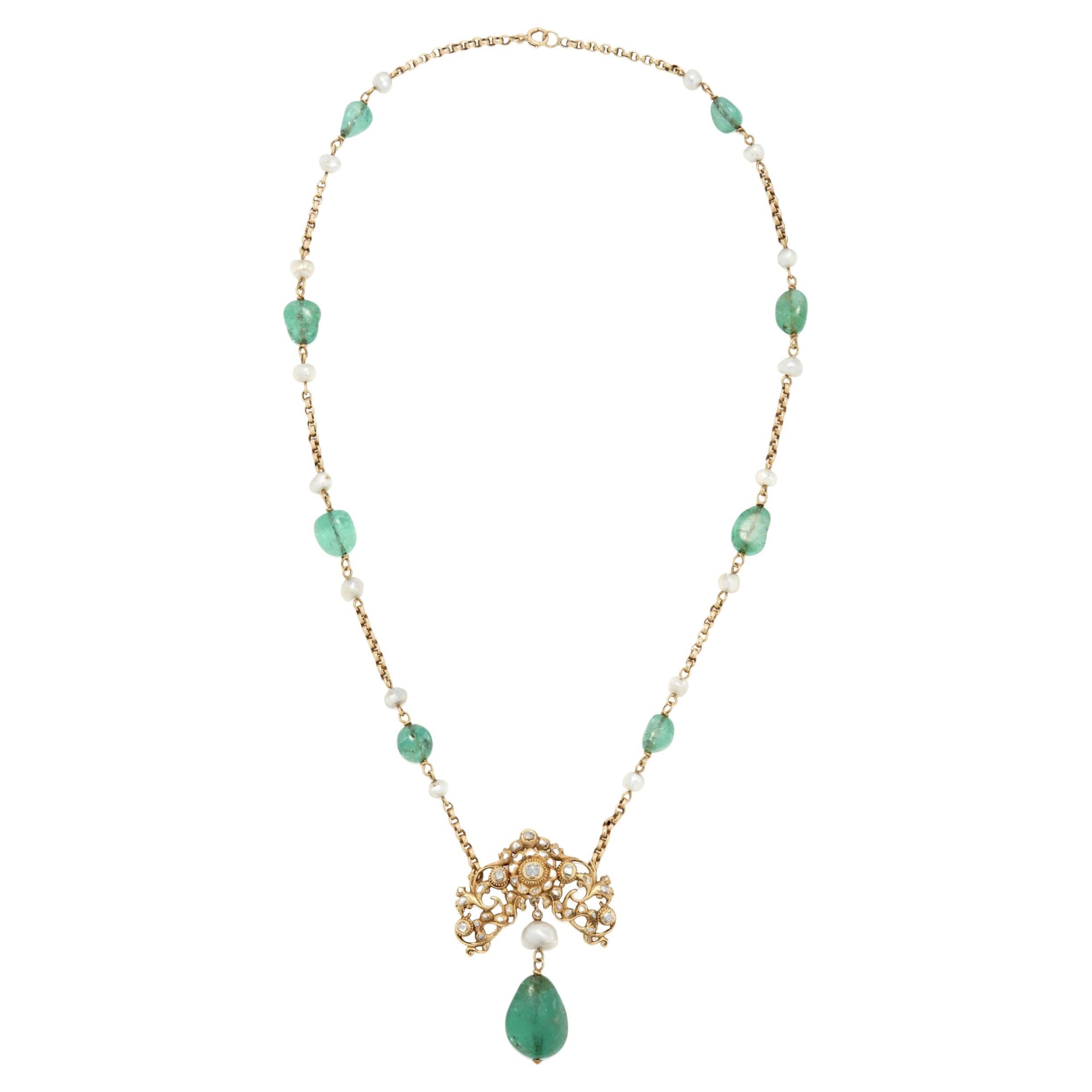 18k Gold, Emerald, Pearl, and Diamond Necklace