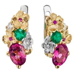 18k Gold Emerald Pink Tourmaline Handmade Earrings
