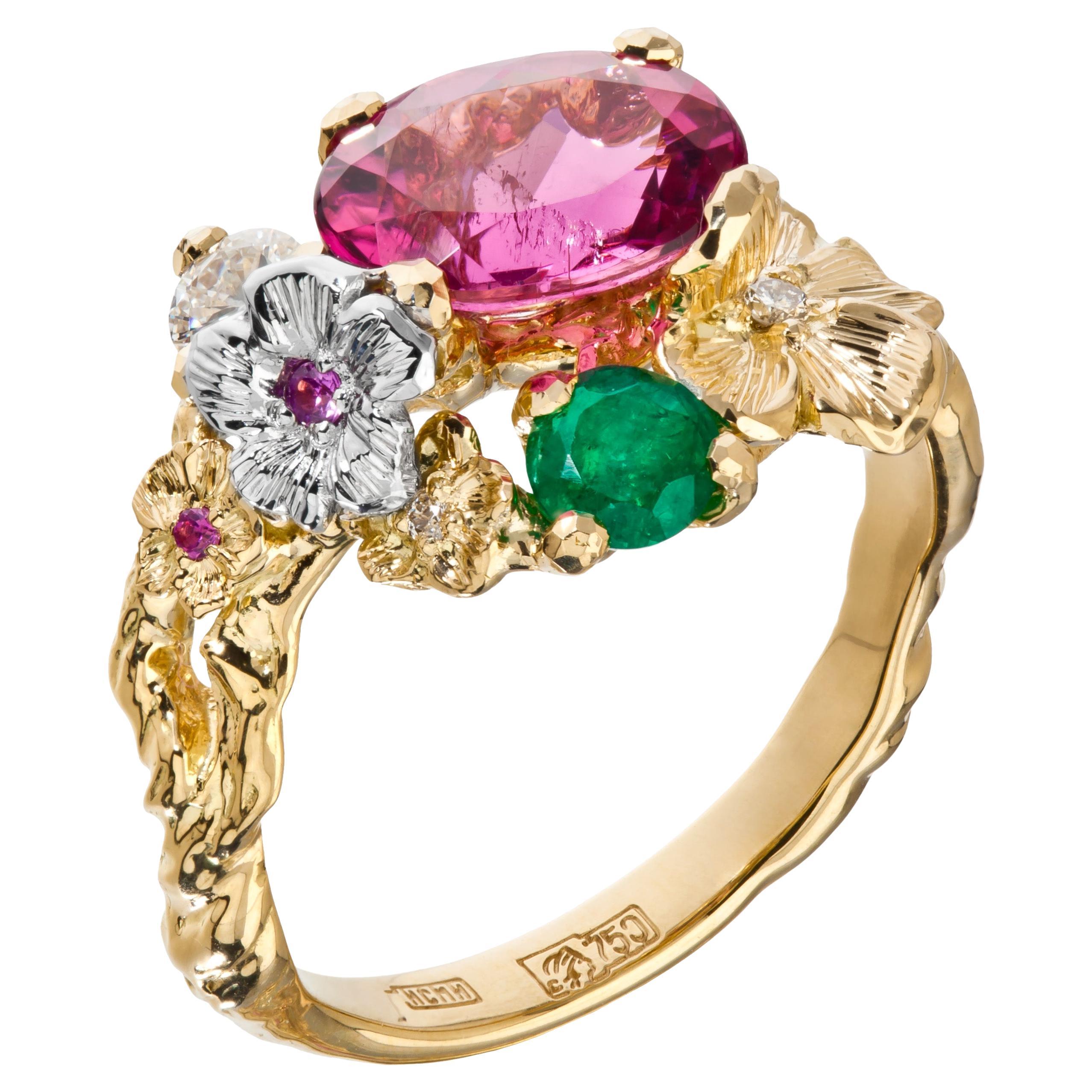 18k Gold Emerald Pink Tourmaline Handmade Ring For Sale