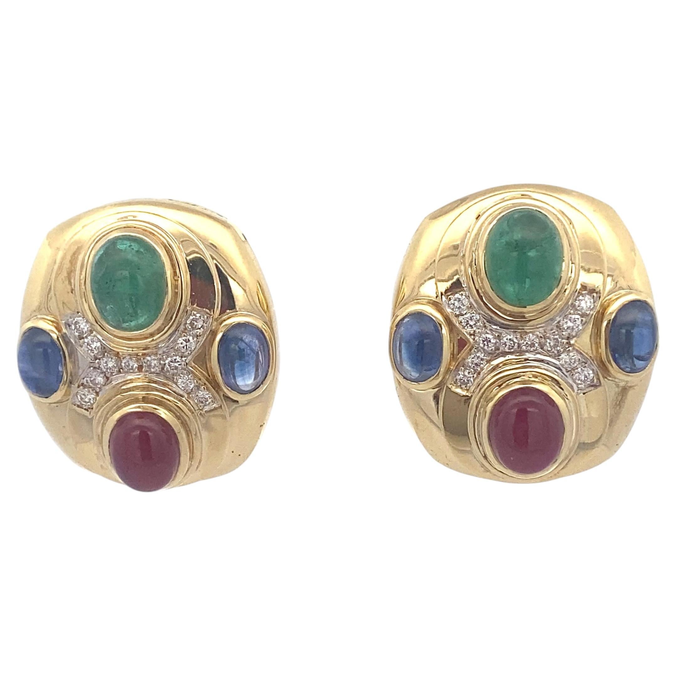 18K Gold Emerald, Ruby, Sapphire & Diamond Omega Back Earrings