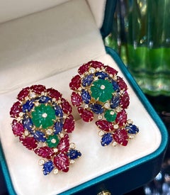 18K Gold Unheated Emerald & Ruby & Sapphire Earrings with Diamonds