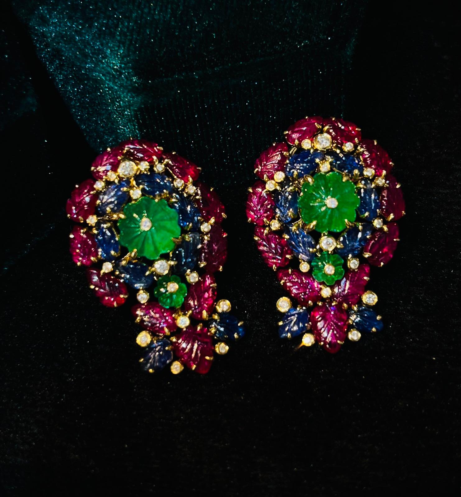 Modern 18K Gold Unheated Emerald & Ruby & Sapphire Earrings with Diamonds For Sale