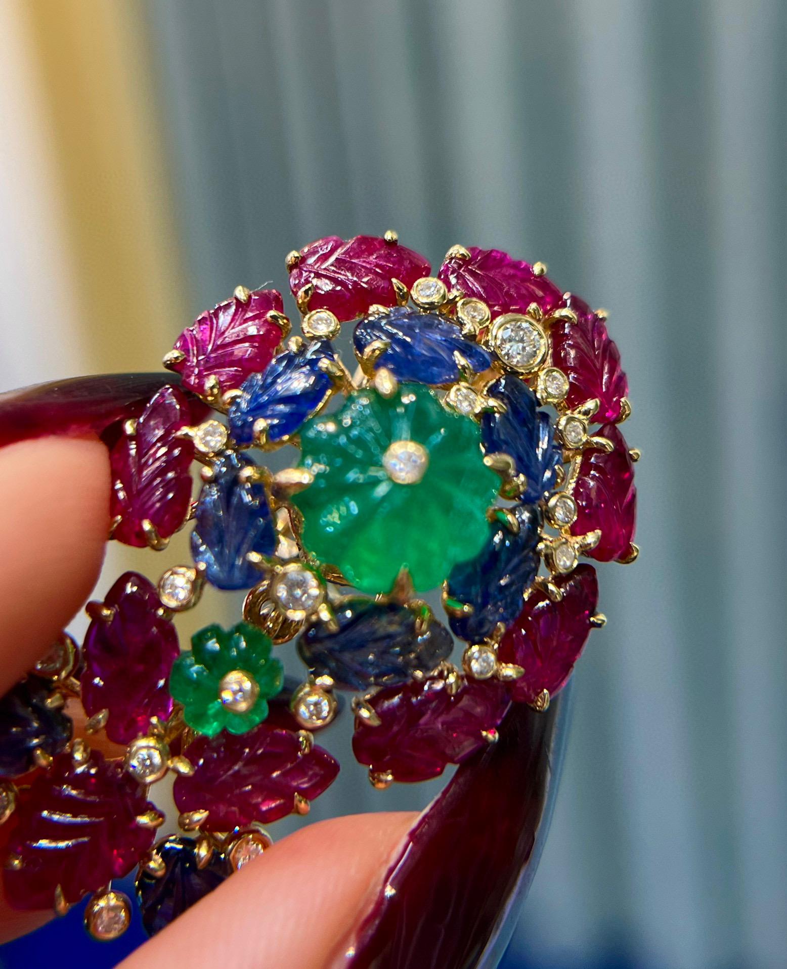 Round Cut 18K Gold Unheated Emerald & Ruby & Sapphire Earrings with Diamonds For Sale