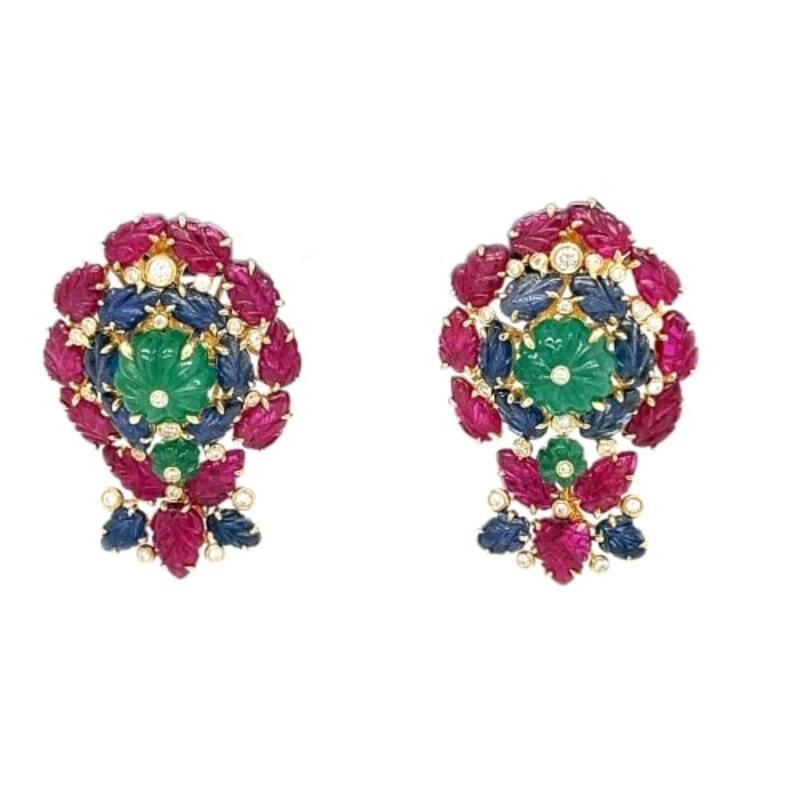 18K Gold Unheated Emerald & Ruby & Sapphire Earrings with Diamonds In New Condition For Sale In Hong Kong, HK