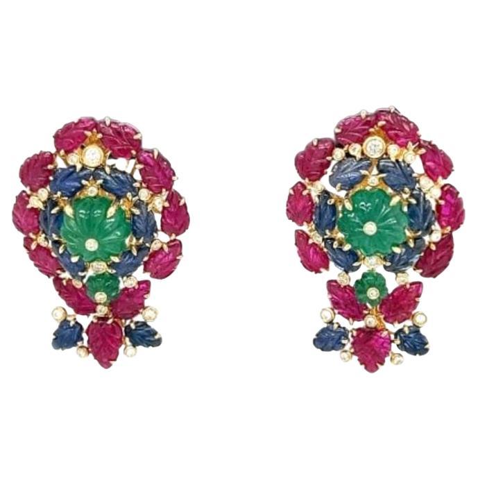 18K Gold Unheated Emerald & Ruby & Sapphire Earrings with Diamonds For Sale